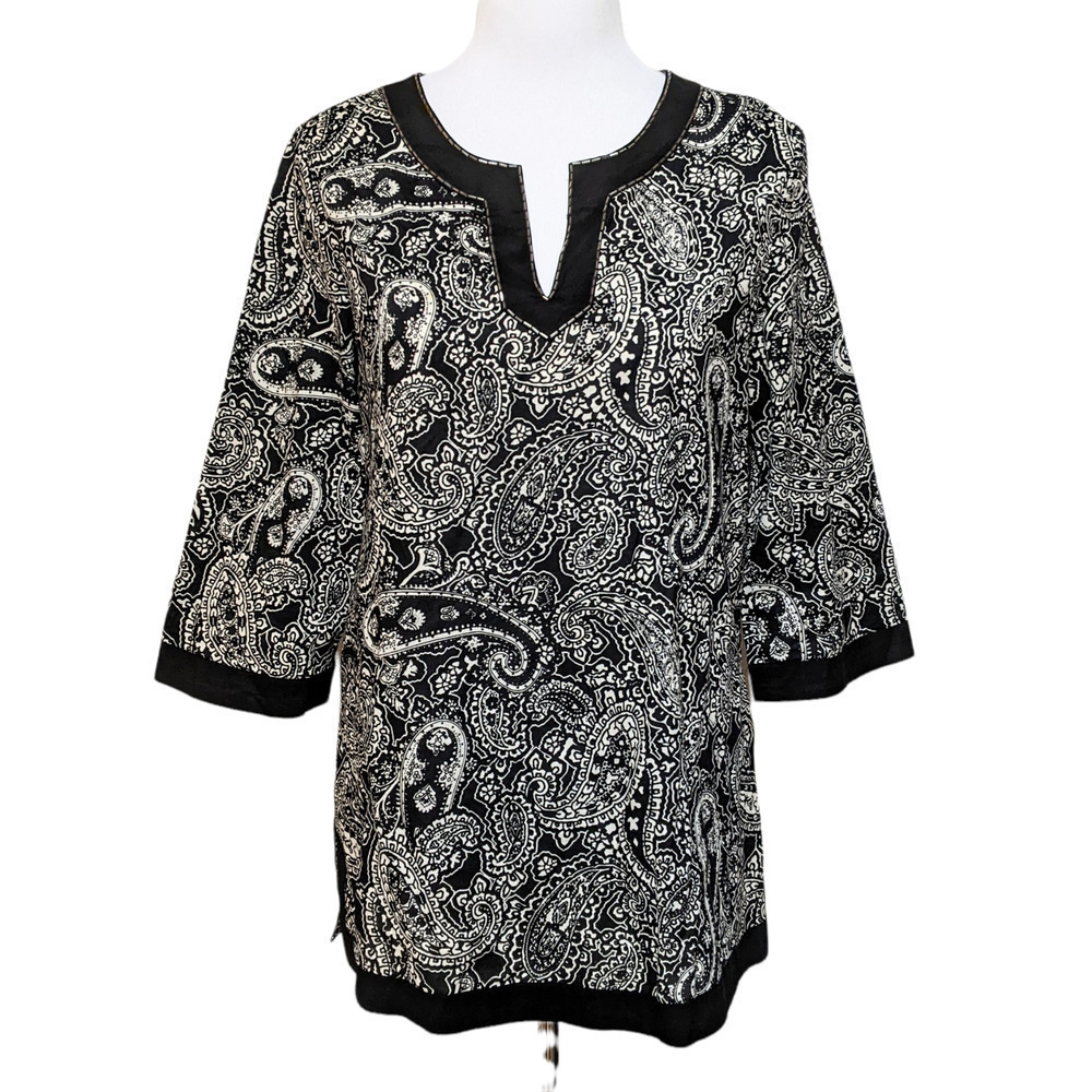 Emma James S Black White Paisley Print 3/4 Sleeve Tunic Top Blouse V Neck